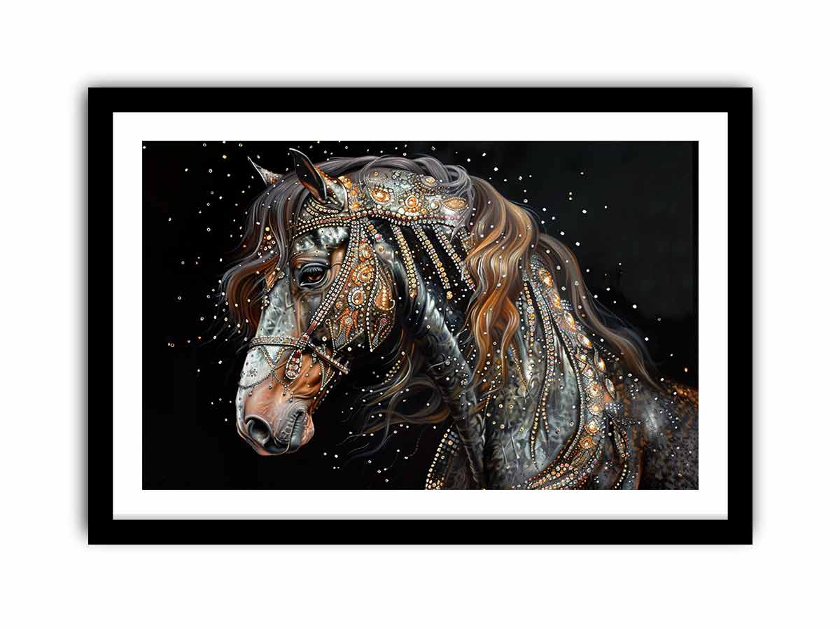Dark jeweled horse canvas art for luxury equestrian living room decor.