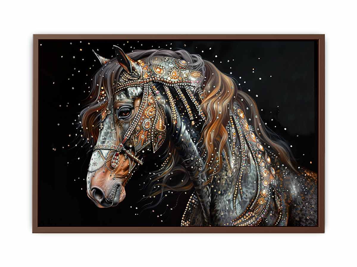 Dark jeweled horse canvas art for luxury equestrian living room decor.
