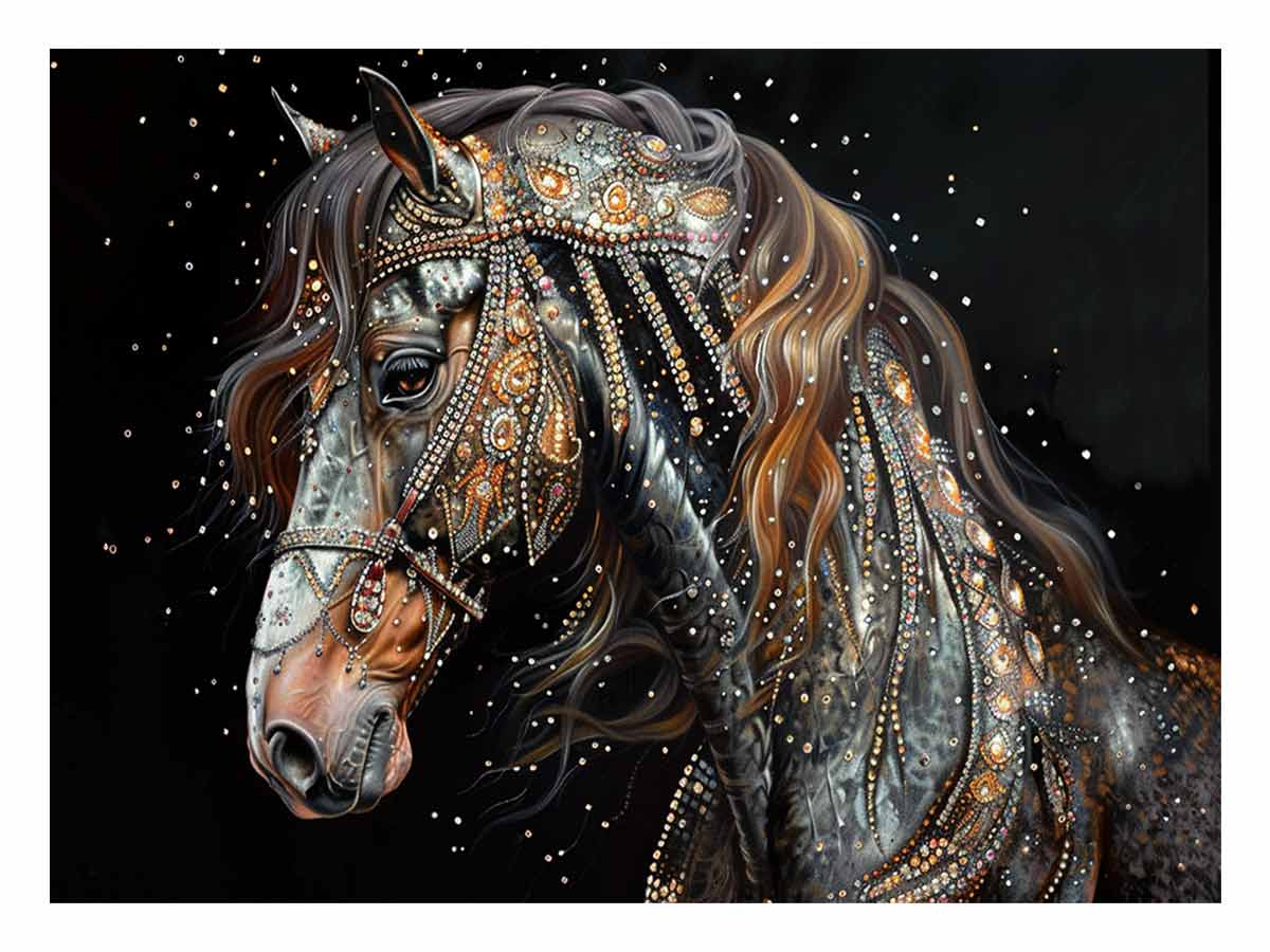 Dark jeweled horse canvas art for luxury equestrian living room decor.