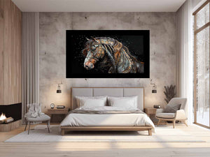 Dark jeweled horse canvas art for luxury equestrian living room decor.