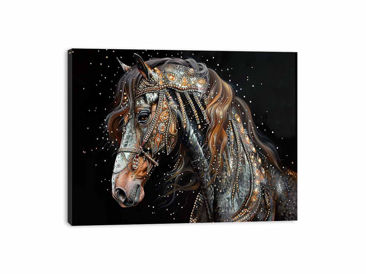 Dark jeweled horse canvas art for luxury equestrian living room decor.