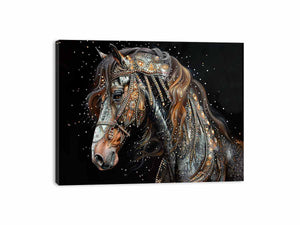 Dark jeweled horse canvas art for luxury equestrian living room decor.