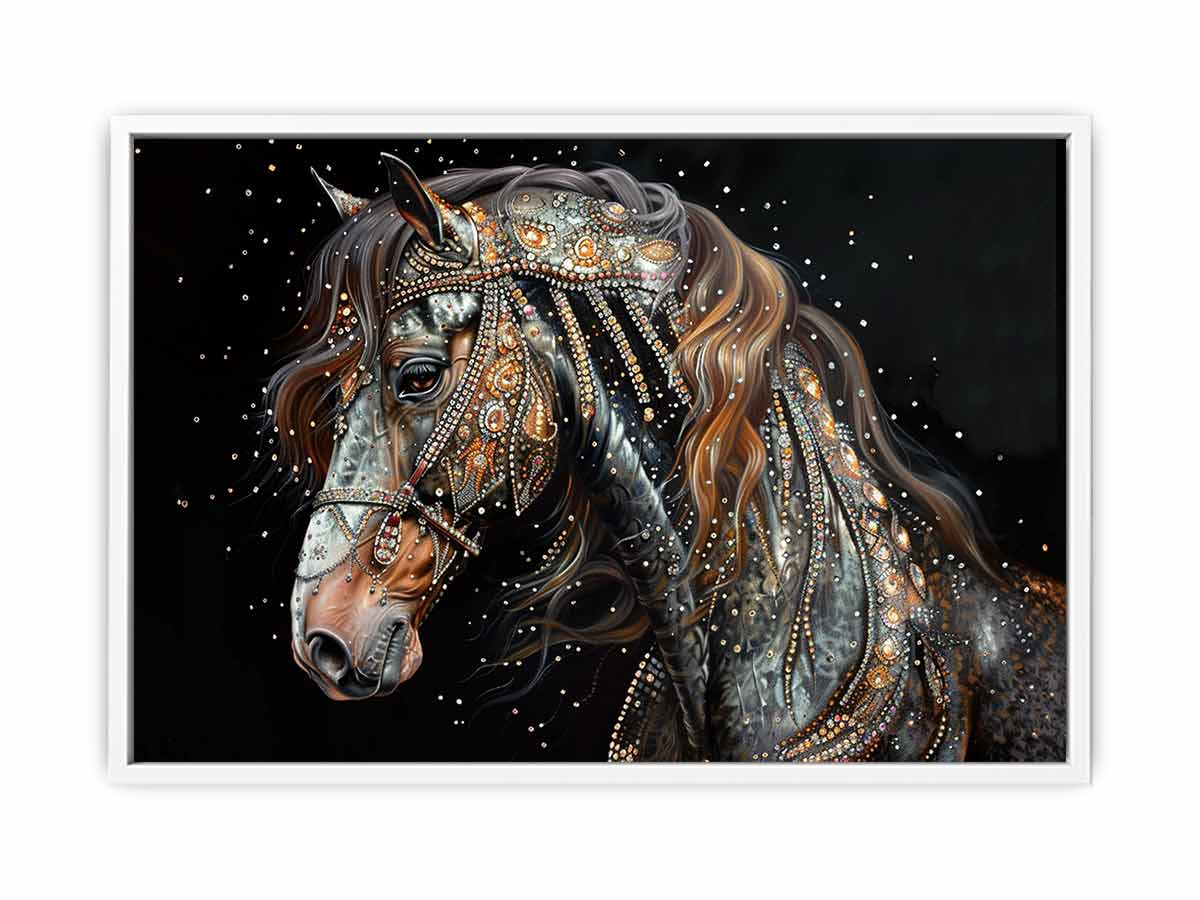 Dark jeweled horse canvas art for luxury equestrian living room decor.