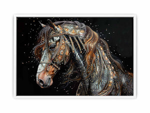 Dark jeweled horse canvas art for luxury equestrian living room decor.