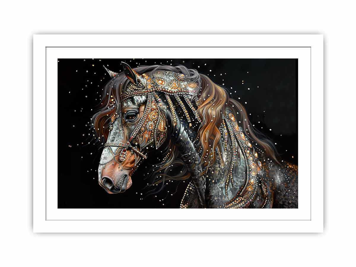Dark jeweled horse canvas art for luxury equestrian living room decor.