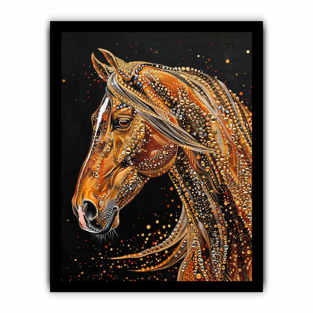 Golden ornate horse portrait canvas art for luxury entryway decor.