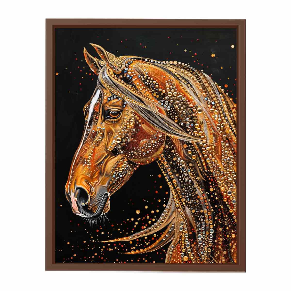 Golden ornate horse portrait canvas art for luxury entryway decor.