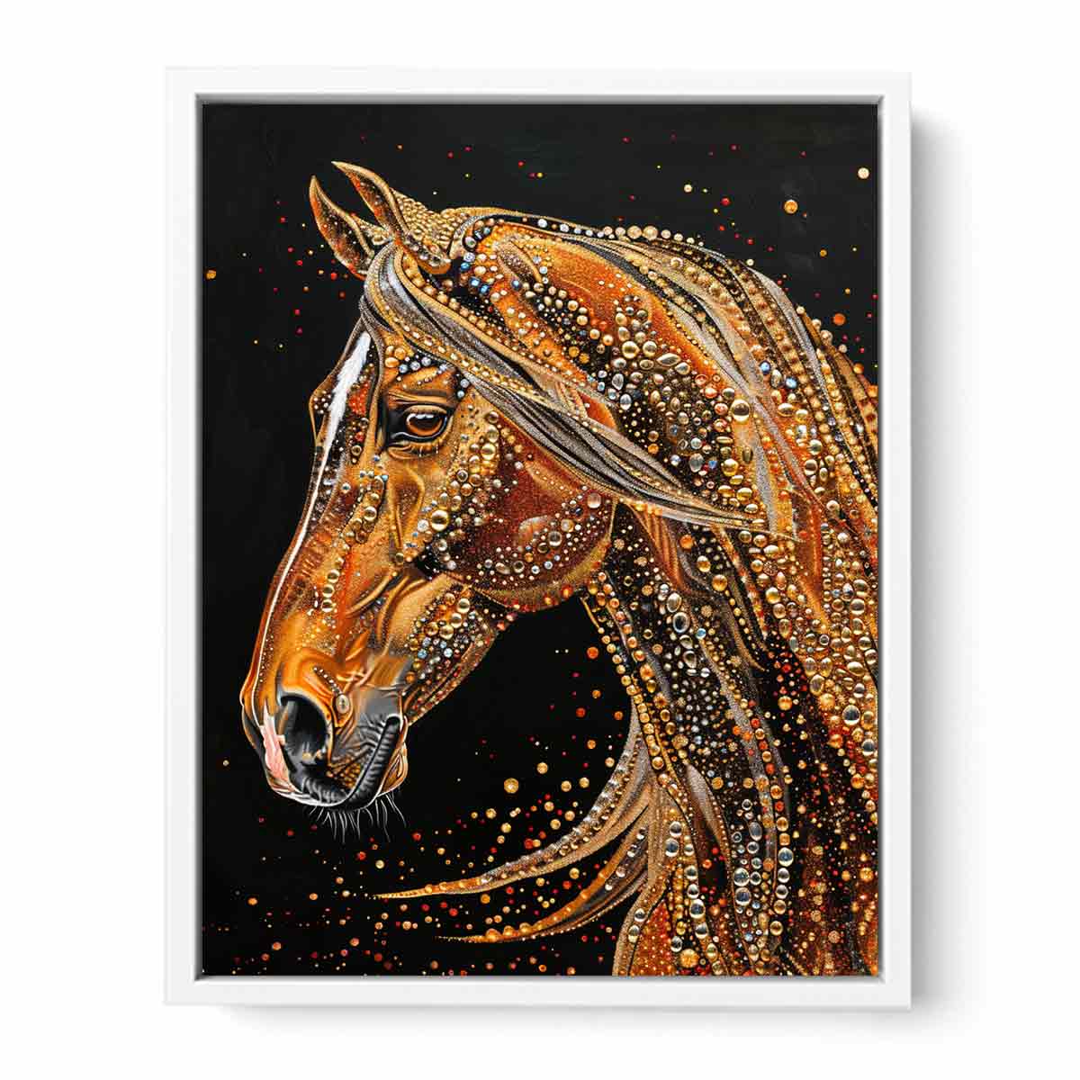 Golden ornate horse portrait canvas art for luxury entryway decor.