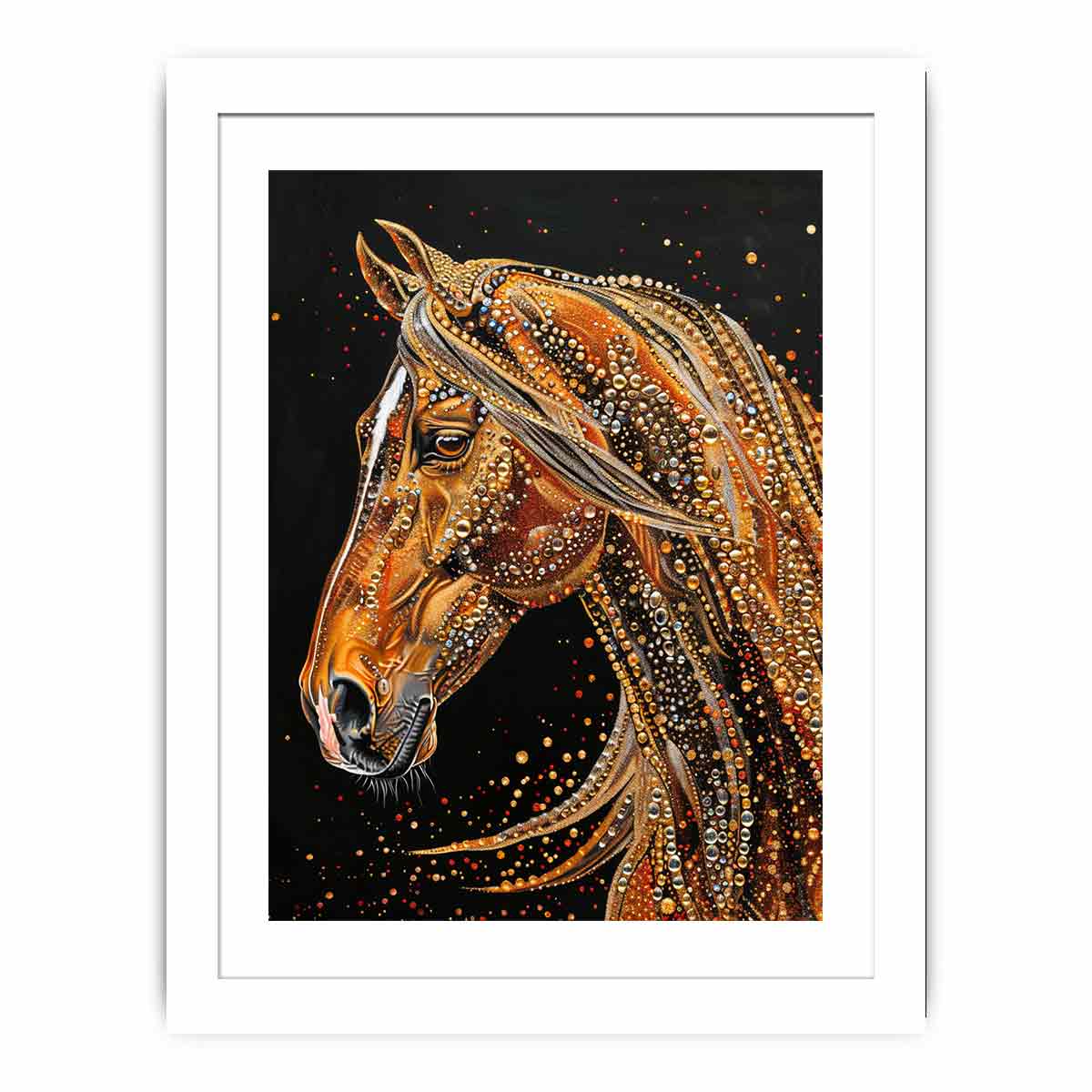 Golden ornate horse portrait canvas art for luxury entryway decor.
