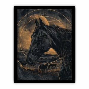 Moody black horse canvas art with gold linework for modern office decor.