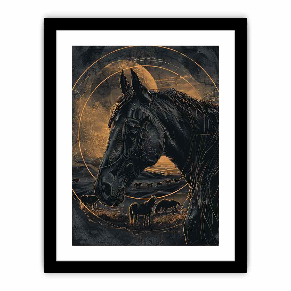 Moody black horse canvas art with gold linework for modern office decor.