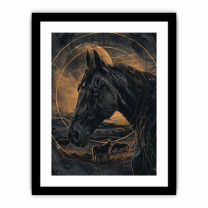 Moody black horse canvas art with gold linework for modern office decor.