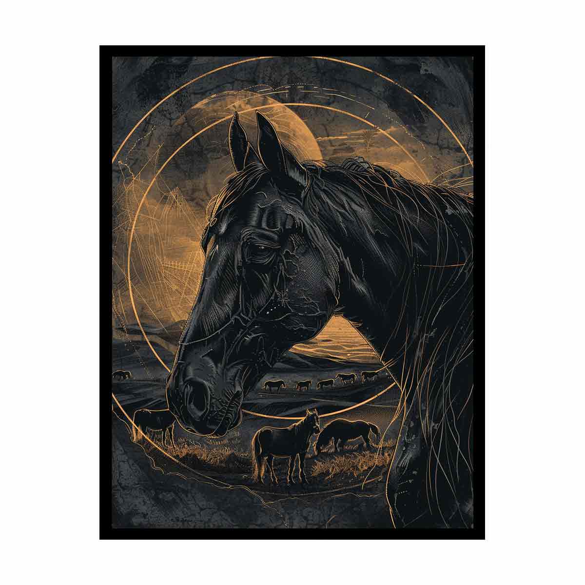 Moody black horse canvas art with gold linework for modern office decor.