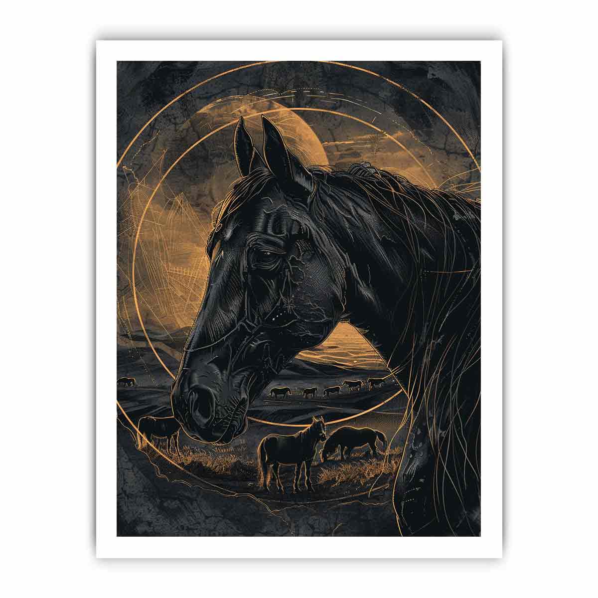 Moody black horse canvas art with gold linework for modern office decor.