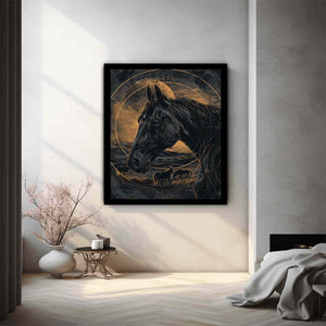 Moody black horse canvas art with gold linework for modern office decor.