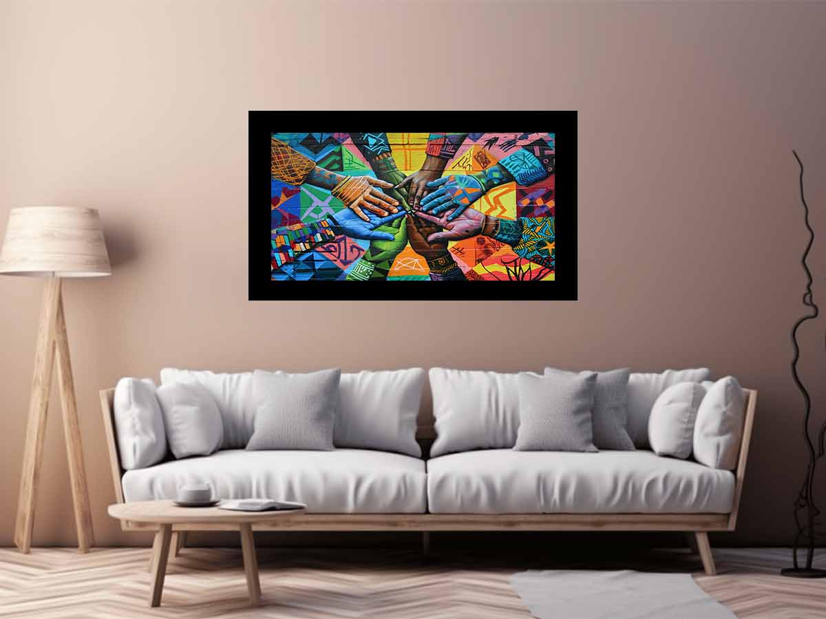 Colorful hands mural canvas art for office, classroom, or family decor.
