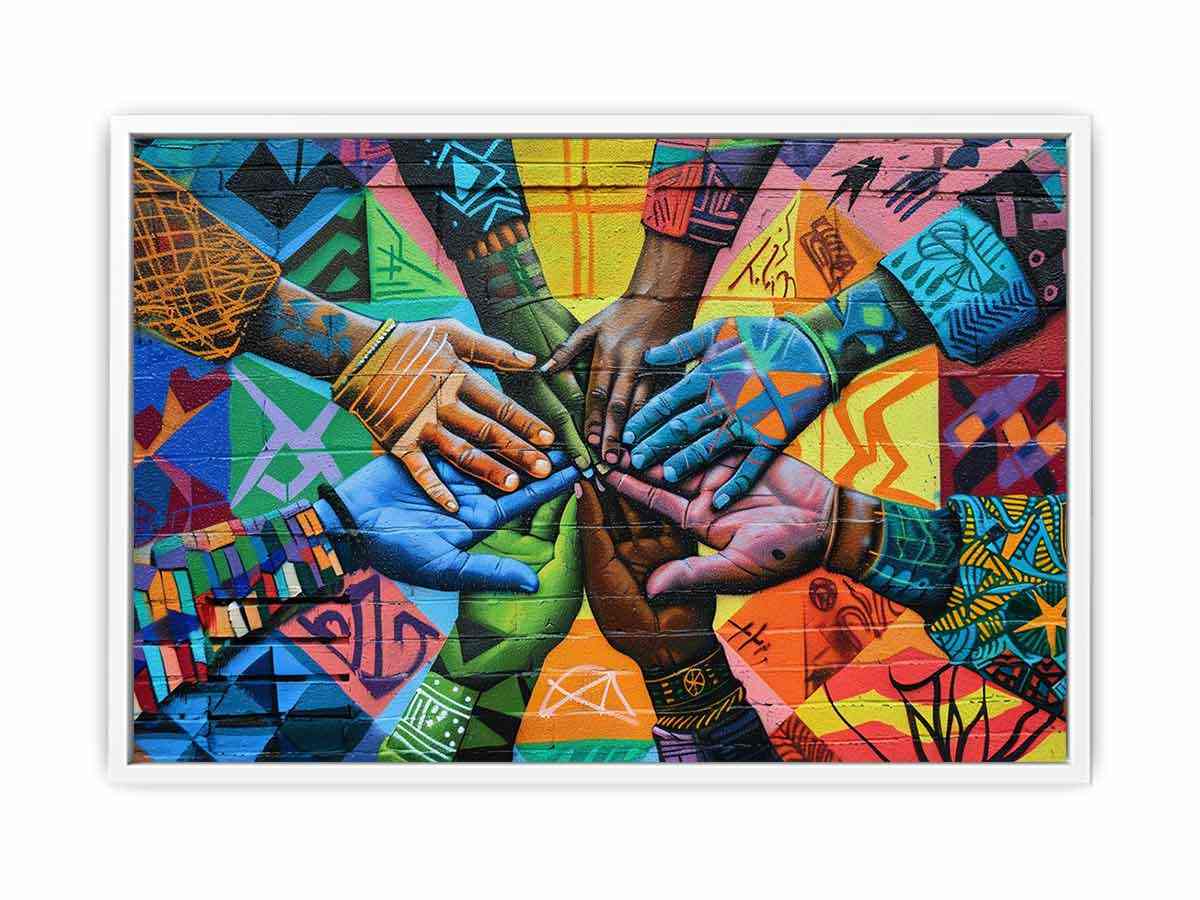Colorful hands mural canvas art for office, classroom, or family decor.