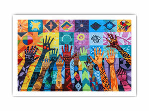 Colorful raised hands mural canvas art for classroom or office decor.