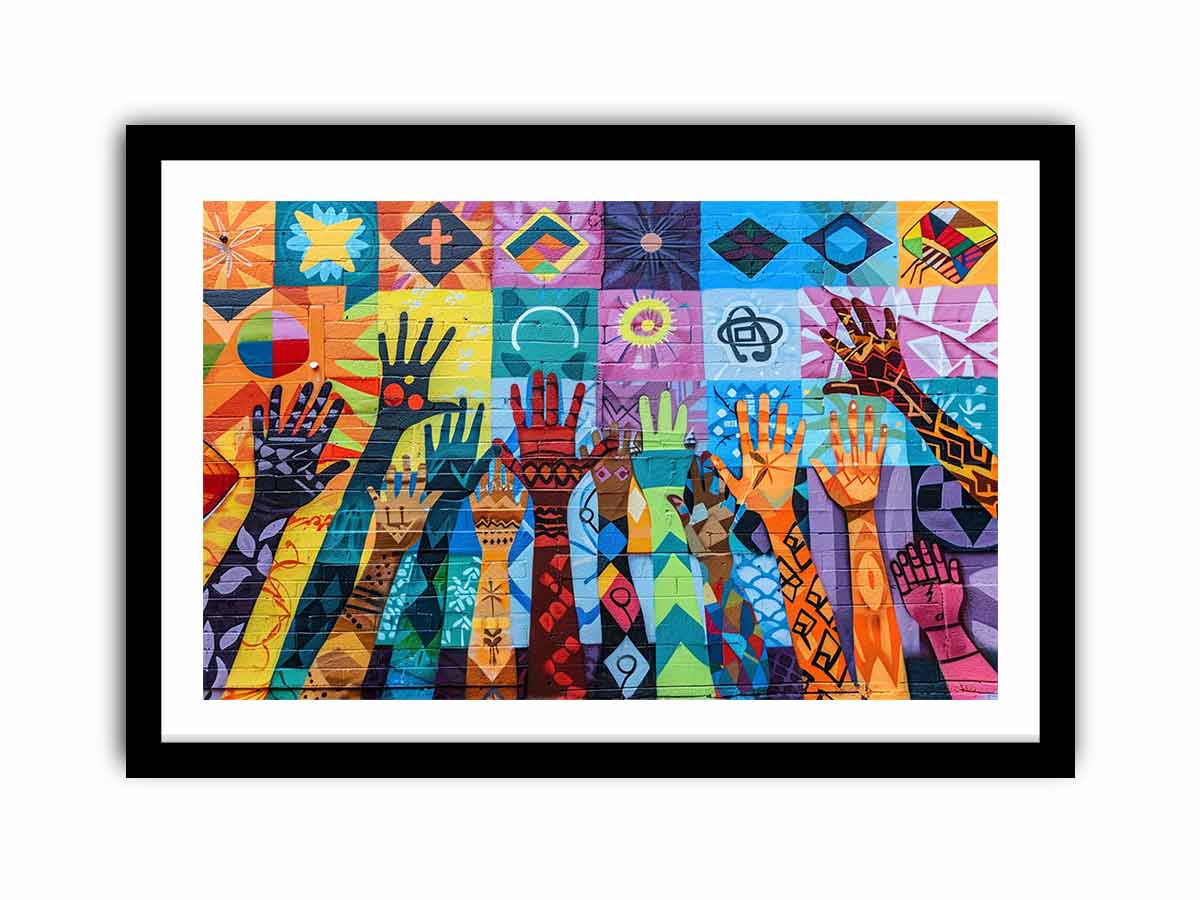 Colorful raised hands mural canvas art for classroom or office decor.