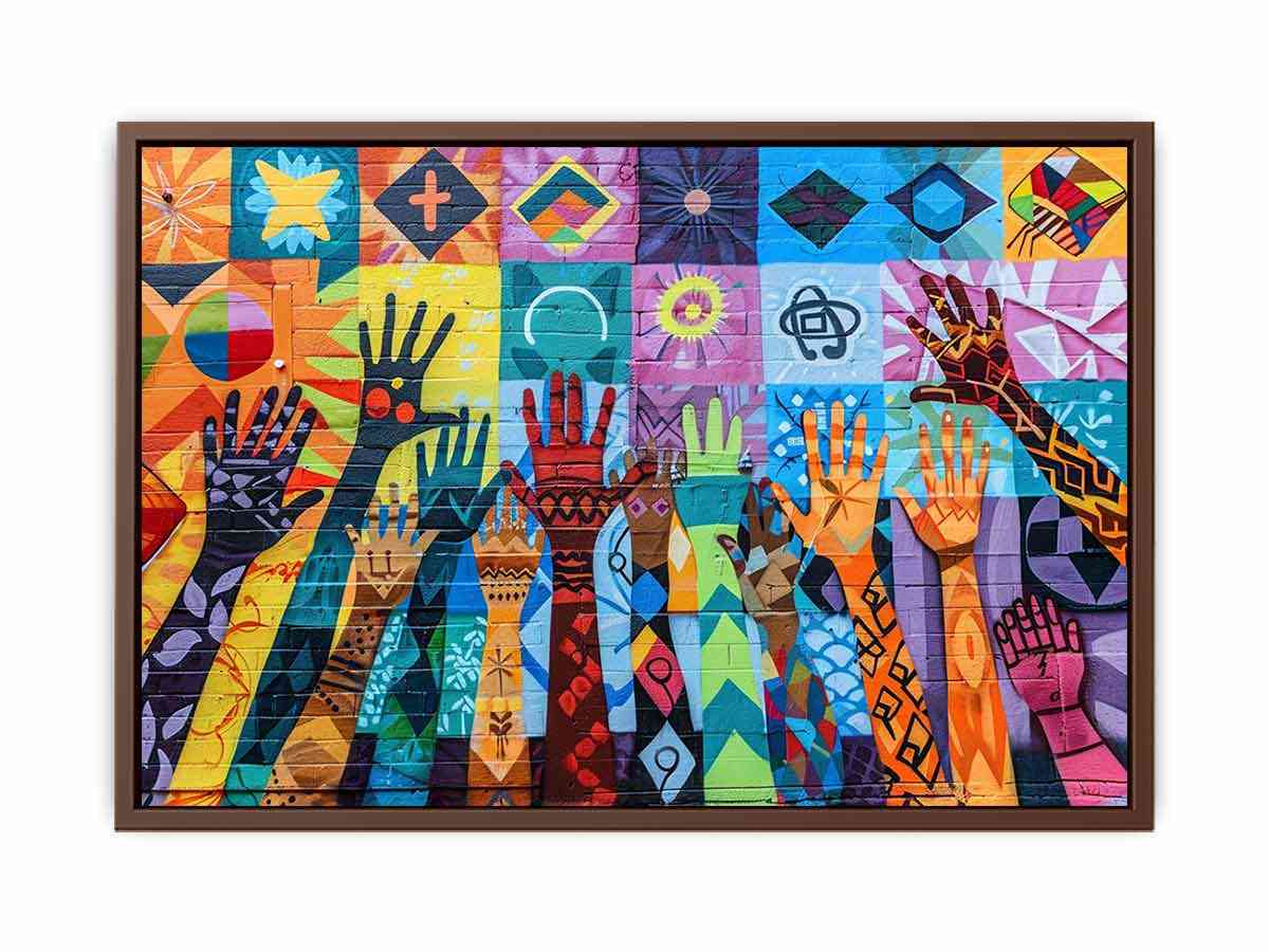 Colorful raised hands mural canvas art for classroom or office decor.