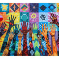 Colorful raised hands mural canvas art for classroom or office decor.