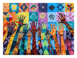 Colorful raised hands mural canvas art for classroom or office decor.