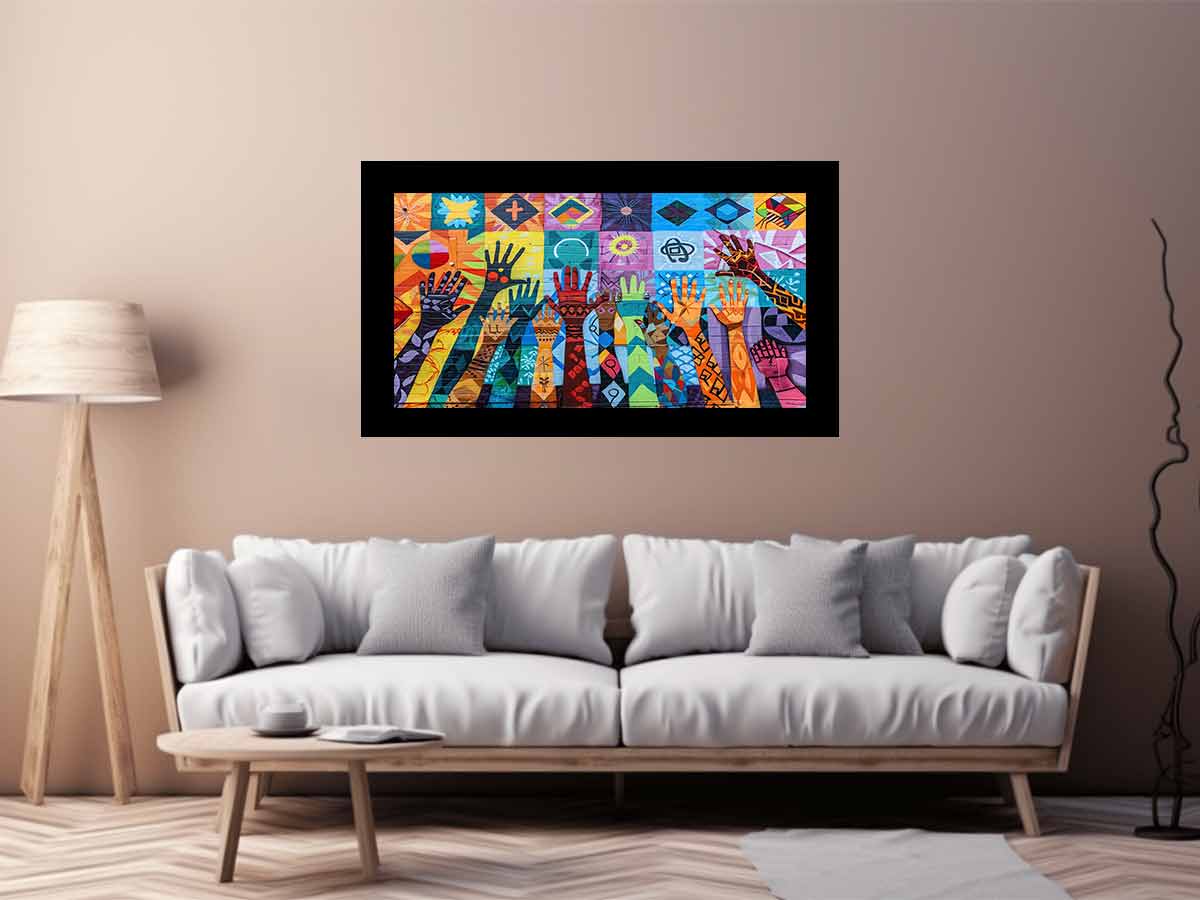 Colorful raised hands mural canvas art for classroom or office decor.