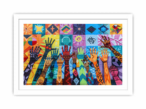 Colorful raised hands mural canvas art for classroom or office decor.