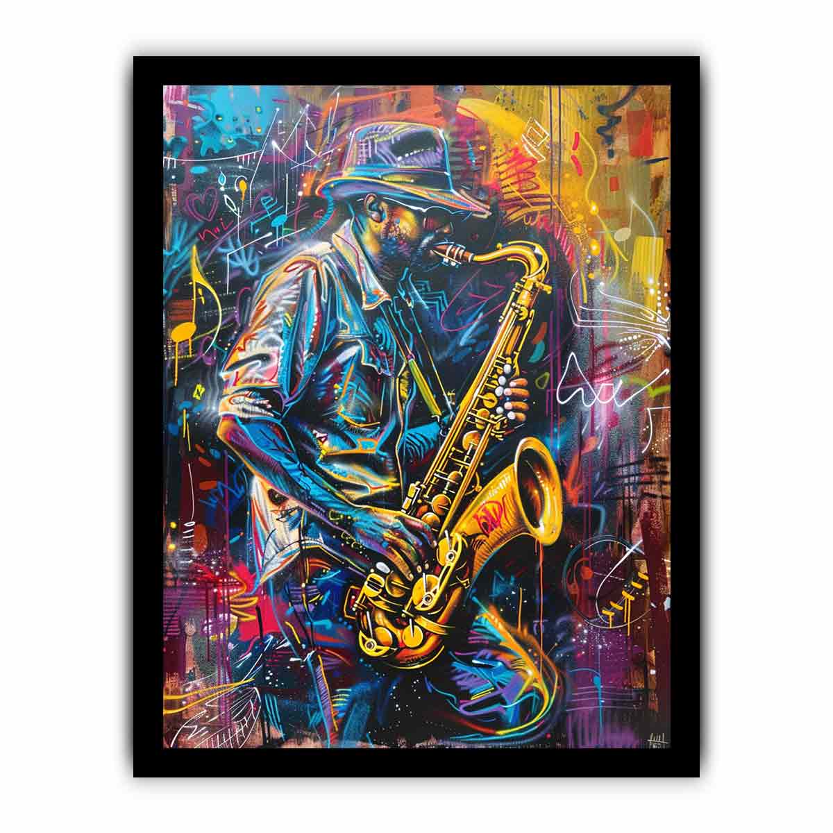 Neon saxophone player canvas art for music room or home bar decor.