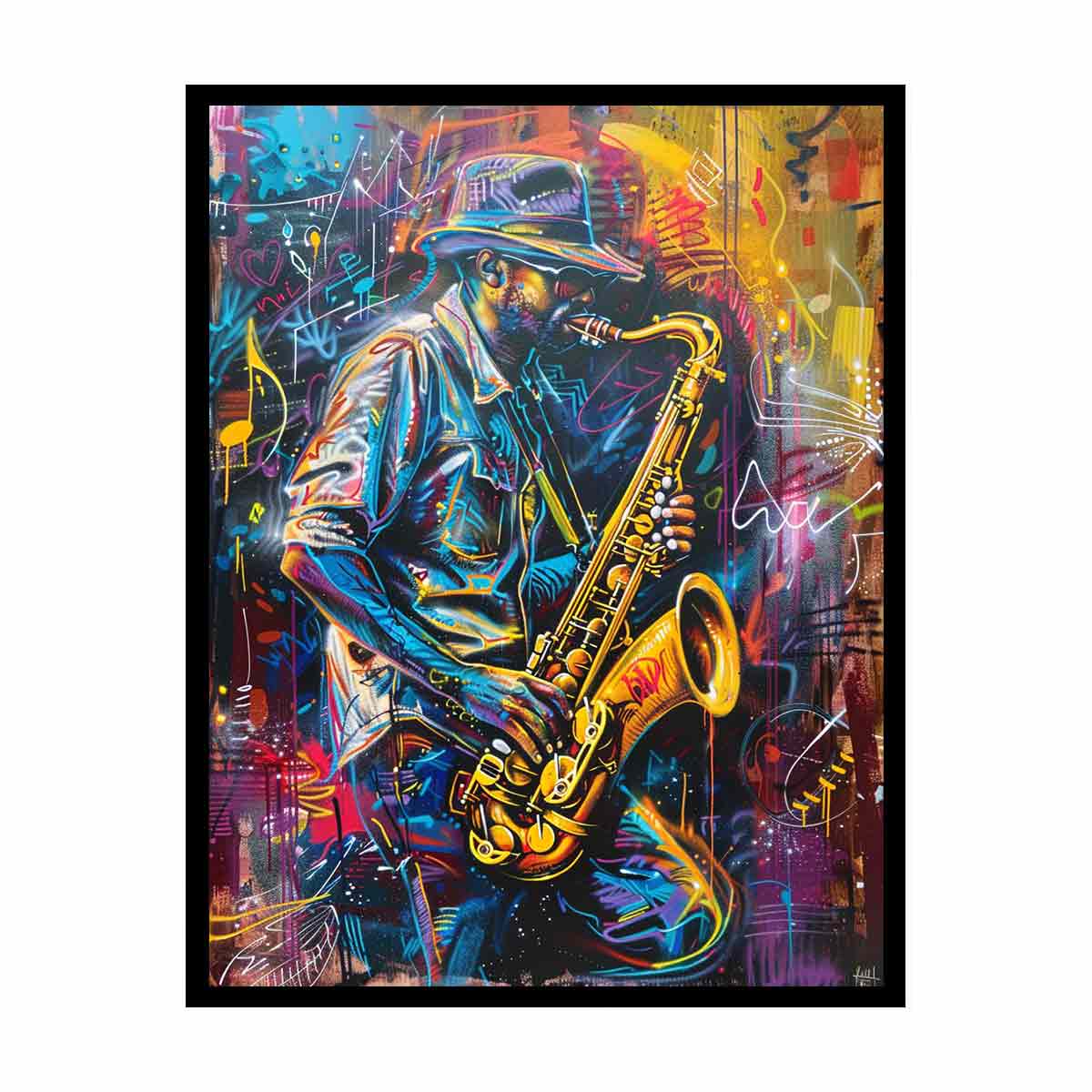Neon saxophone player canvas art for music room or home bar decor.