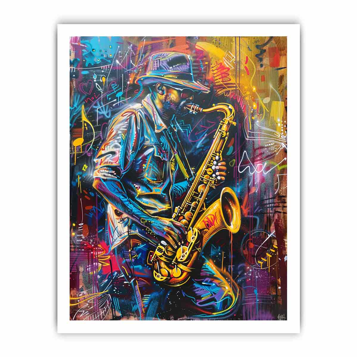 Neon saxophone player canvas art for music room or home bar decor.