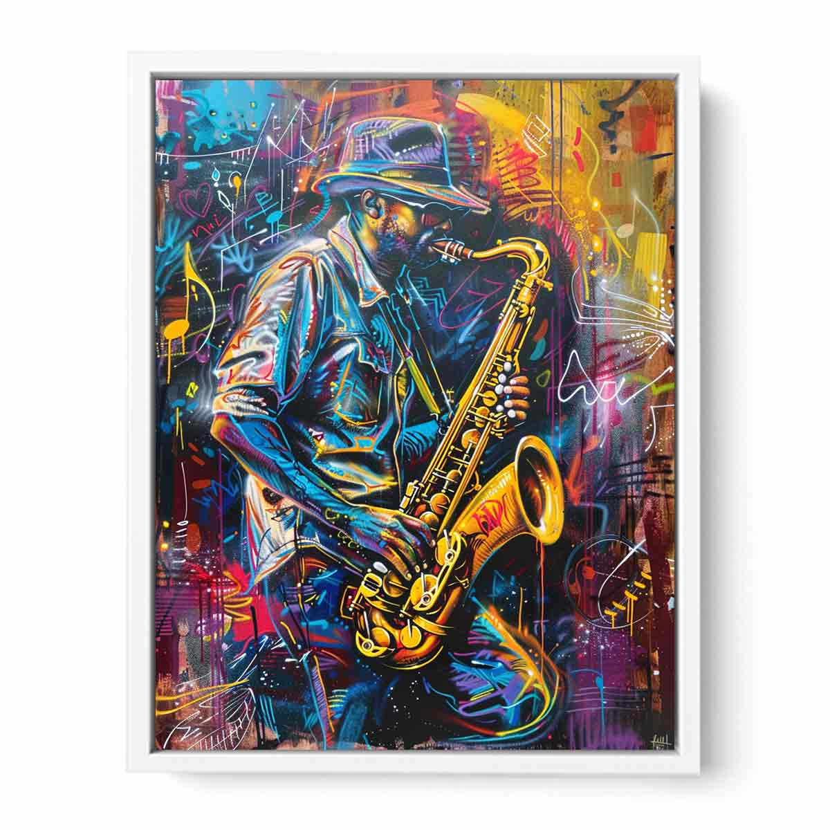 Neon saxophone player canvas art for music room or home bar decor.