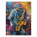 Neon saxophone player canvas art for music room or home bar decor.