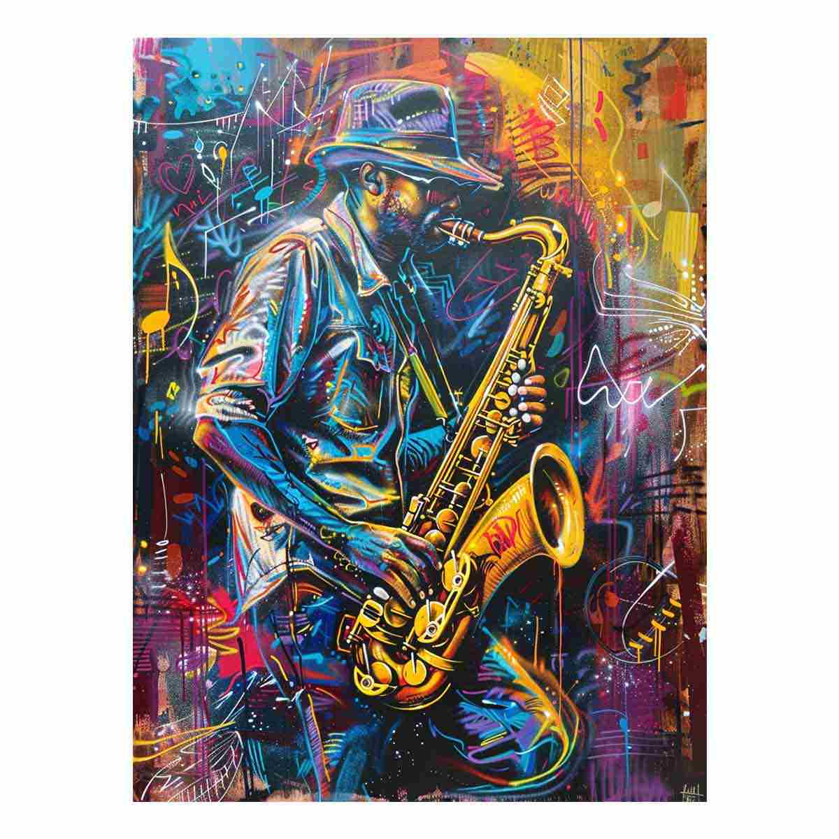 Neon saxophone player canvas art for music room or home bar decor.
