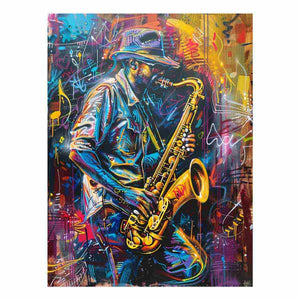 Neon saxophone player canvas art for music room or home bar decor.