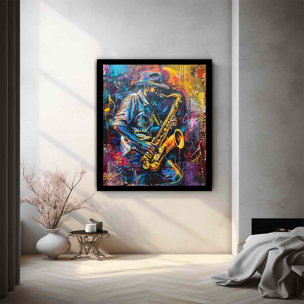 Neon saxophone player canvas art for music room or home bar decor.