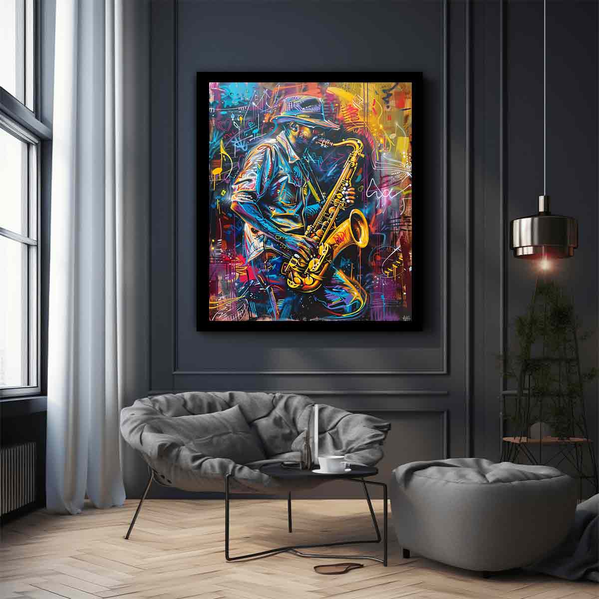 Neon saxophone player canvas art for music room or home bar decor.