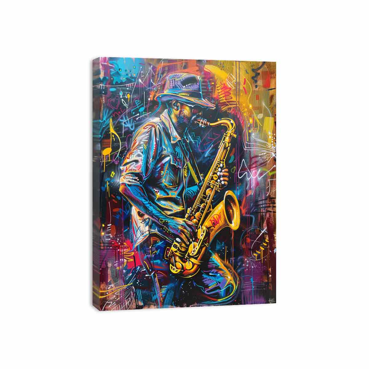 Neon saxophone player canvas art for music room or home bar decor.