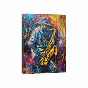 Neon saxophone player canvas art for music room or home bar decor.