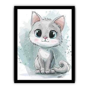 White cartoon kitten with blue eyes watercolor inspired digital illustration canvas art for modern home decor.