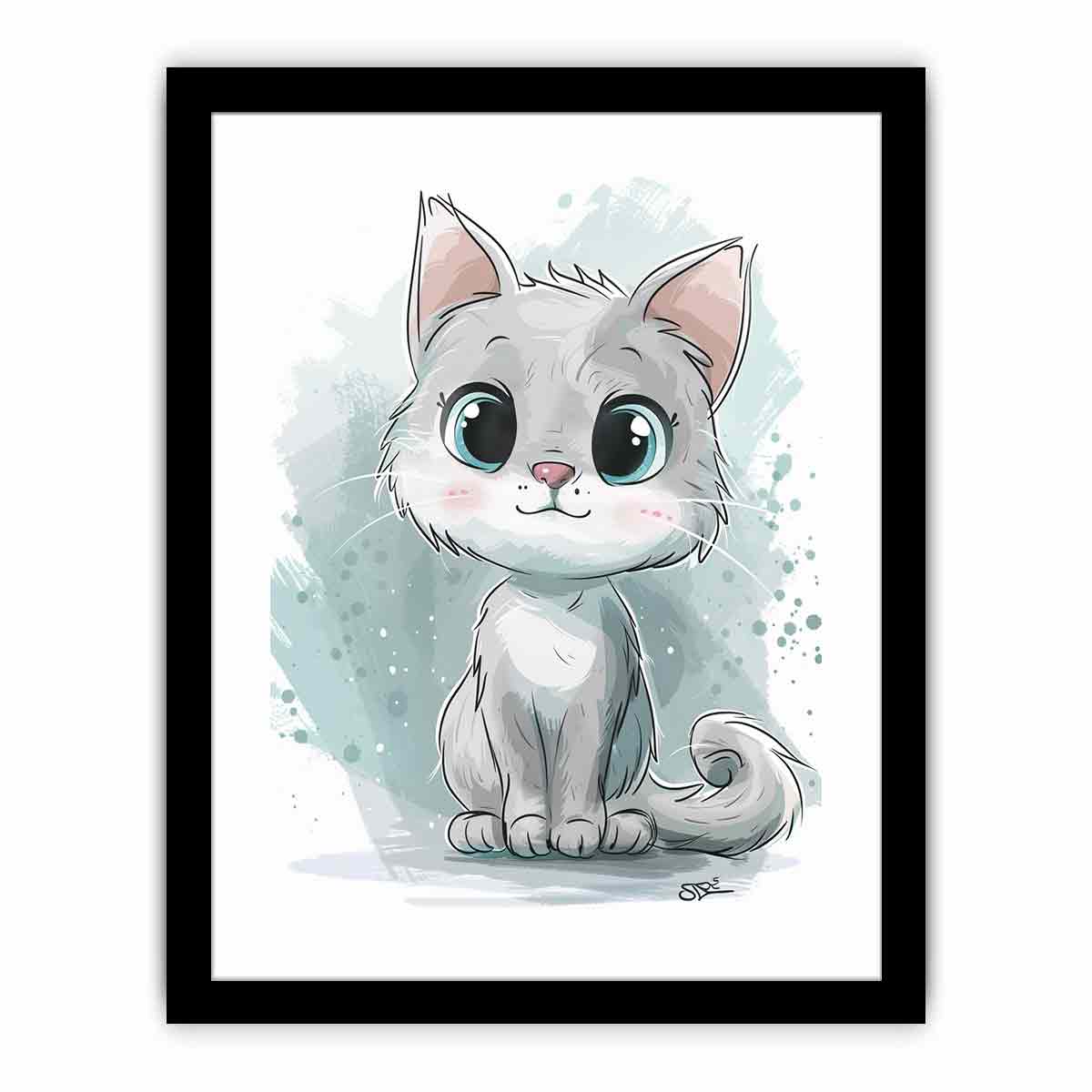White cartoon kitten with blue eyes watercolor inspired digital illustration canvas art for modern home decor.