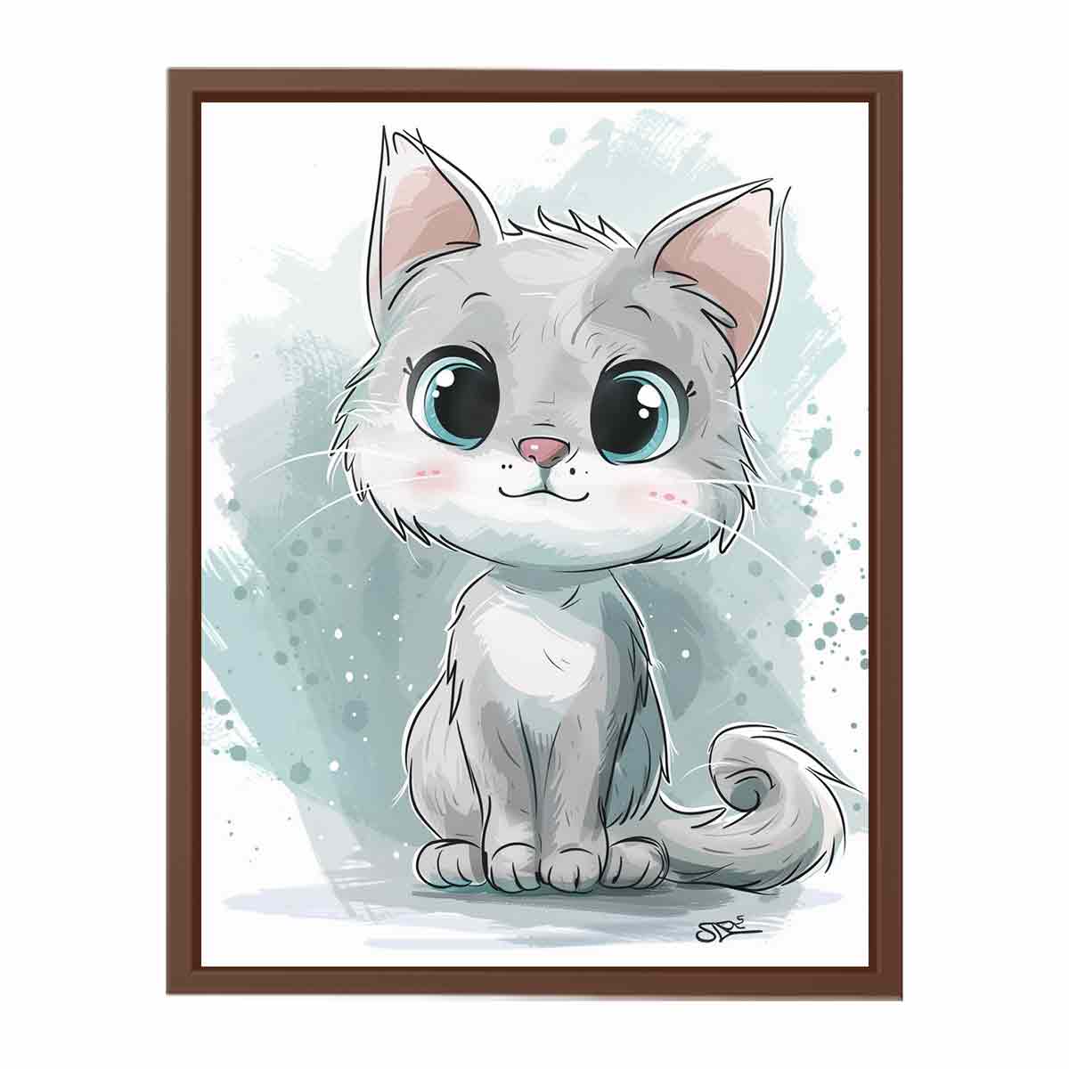 White cartoon kitten with blue eyes watercolor inspired digital illustration canvas art for modern home decor.