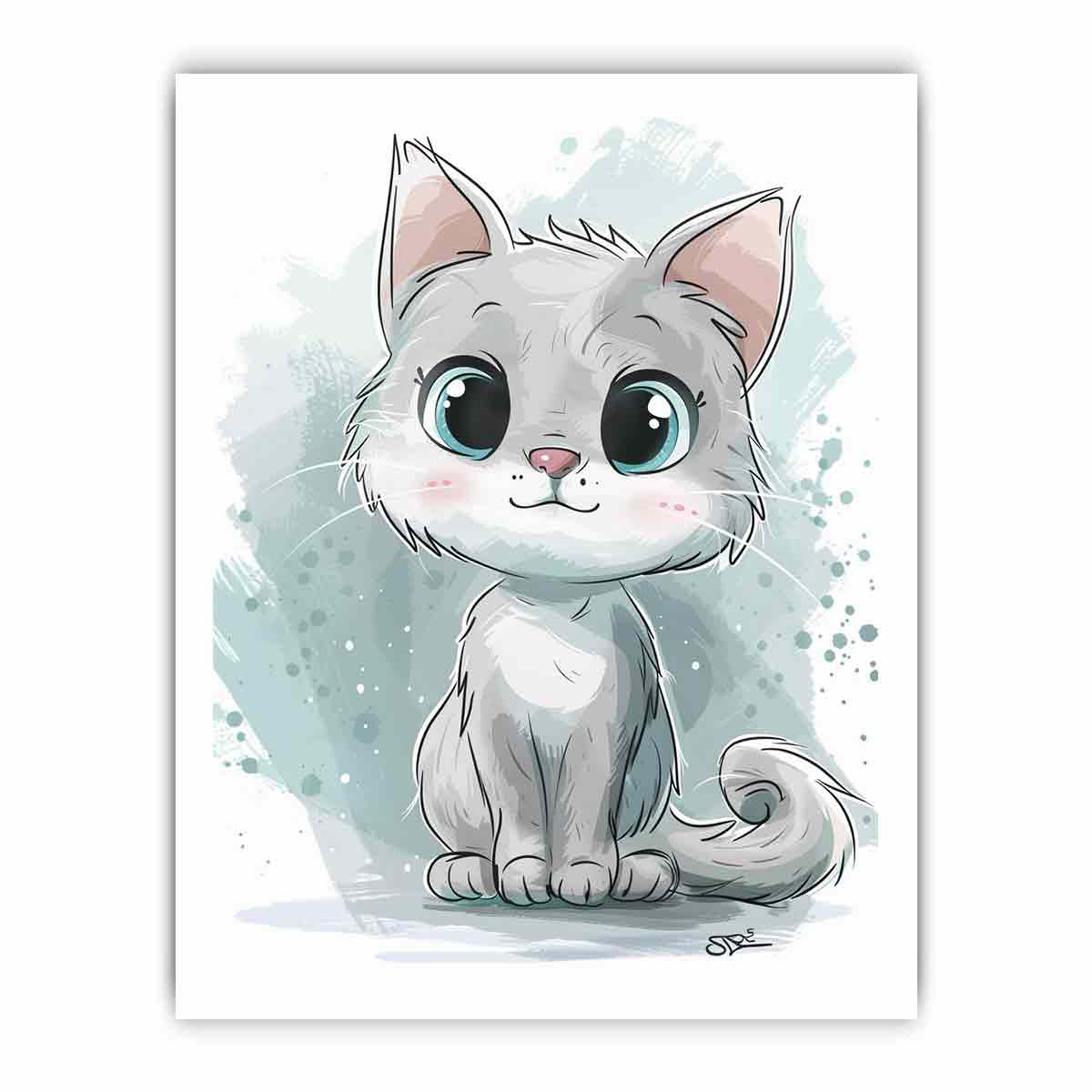 White cartoon kitten with blue eyes watercolor inspired digital illustration canvas art for modern home decor.
