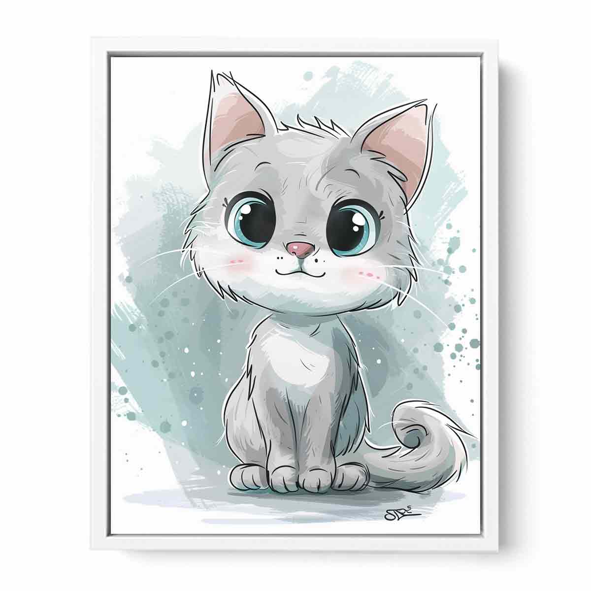 White cartoon kitten with blue eyes watercolor inspired digital illustration canvas art for modern home decor.