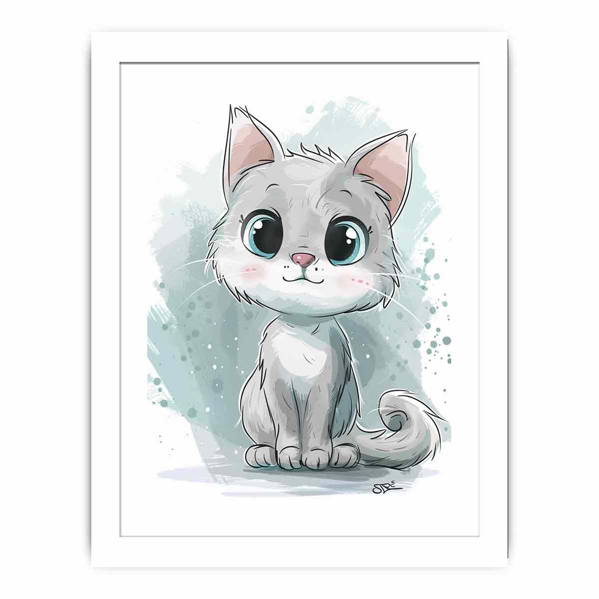 White cartoon kitten with blue eyes watercolor inspired digital illustration canvas art for modern home decor.