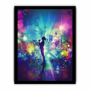 Singer silhouette against colorful music city maximalist music illustration canvas art for modern home decor.