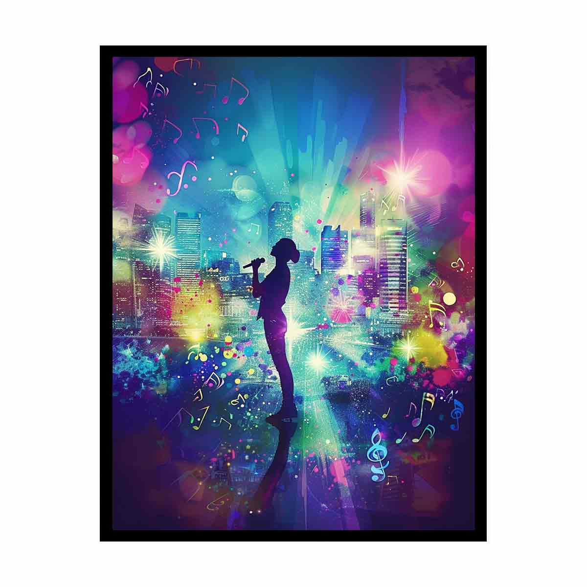 Singer silhouette against colorful music city maximalist music illustration canvas art for modern home decor.