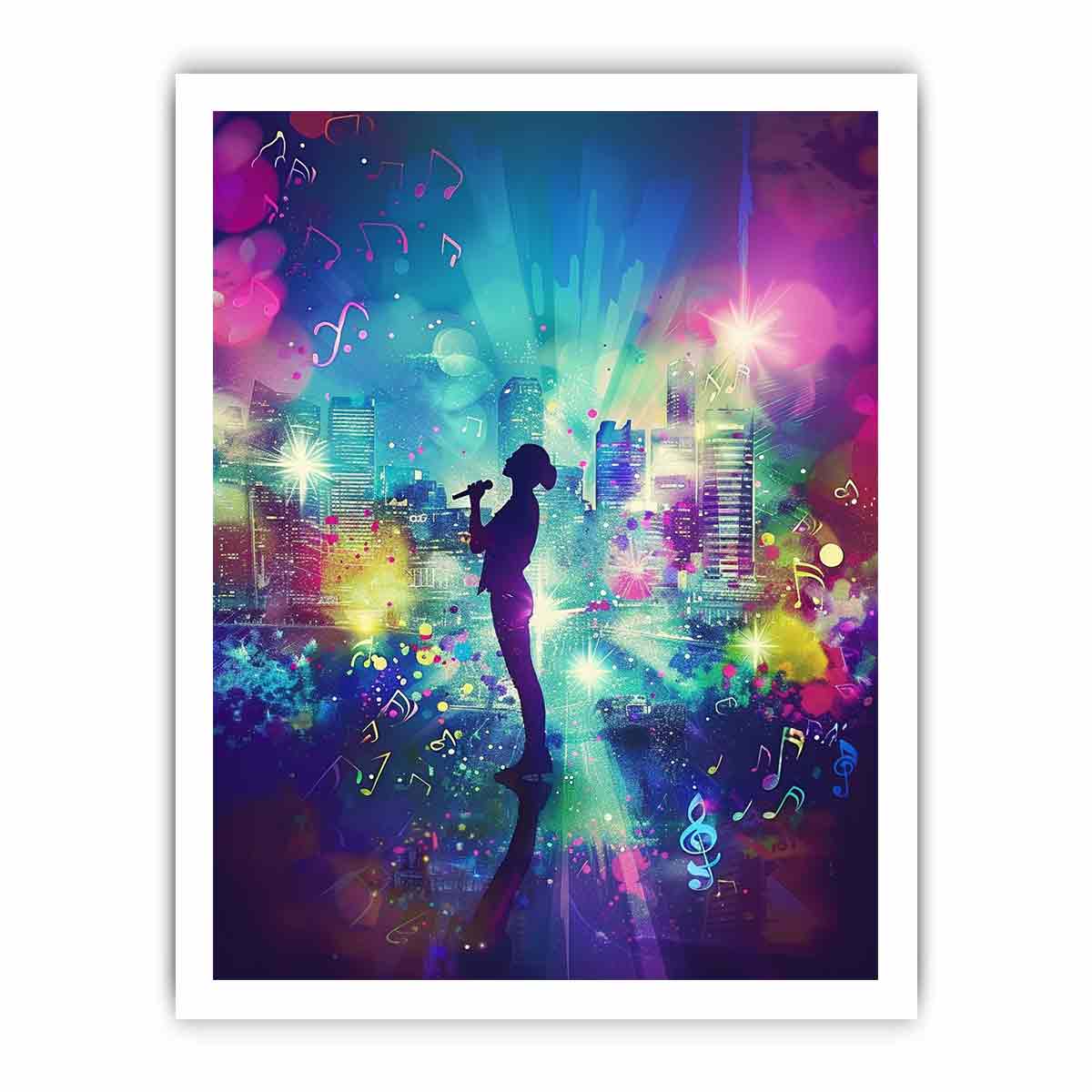 Singer silhouette against colorful music city maximalist music illustration canvas art for modern home decor.