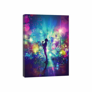 Singer silhouette against colorful music city maximalist music illustration canvas art for modern home decor.