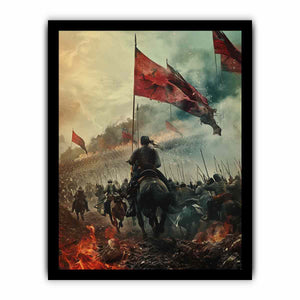 Epic cavalry battle with red flags historical fantasy realism canvas art for modern home decor.